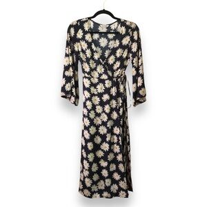 Mirae Paris Ilona Wrap Dress Silk Blend Navy White Daisy Floral Print US Size 4
